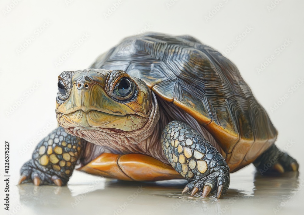 Poster realistic illustration of a sea turtle with detailed shell patterns and textures on a light backgrou