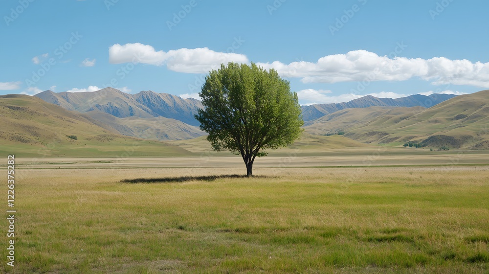 Poster a solitary tree in the middle of an open field with distant hills