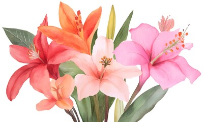 watercolor tropical flower bouquets bright colors. Generative AI
