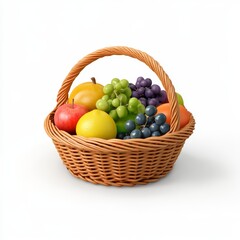 A wicker basket overflowing with a colorful assortment of fresh fruit, including apples, oranges, grapes, and mangoes.