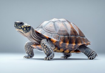 Fototapeta premium Realistic portrait of a walking tortoise showcasing its colorful shell and detailed texture against a simple gray background for wildlife photography.