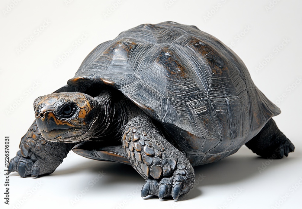 Poster realistic sculpture of a turtle on a neutral background with intricate detail showcasing texture and