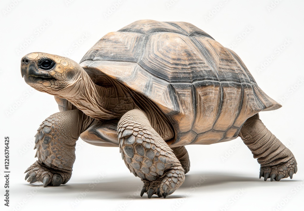Poster realistic studio image of a desert tortoise with detailed shell and textures on a clean white backgr