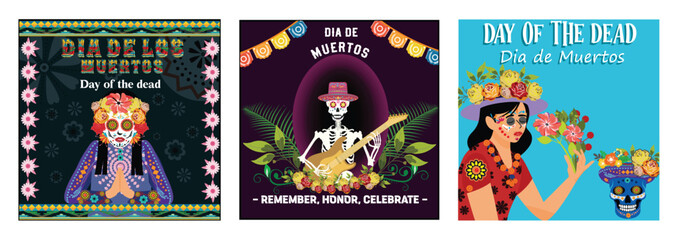 Obraz premium Day of the dead, Dia de los muertos. Cute skeleton playing guitar at night. Young woman with painted skull.