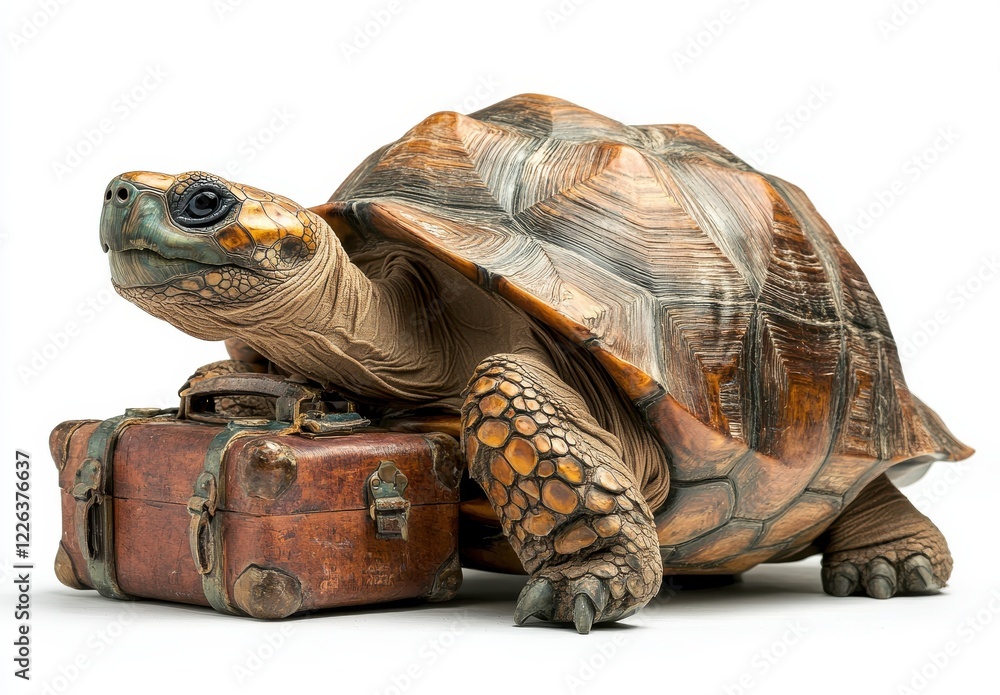 Poster realistic tortoise sitting next to an antique leather suitcase against a white background with intri