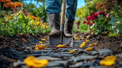 Gardener Digging in a Colorful Flower Garden