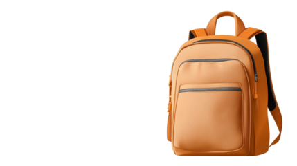 Stylish orange backpack with multiple compartments for everyday use. transparent background