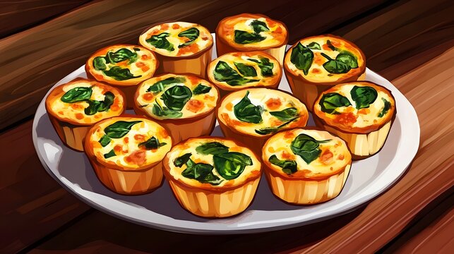Mini Quiches with Spinach and Cheese Served on a White Plate Against a Rustic Wooden Background