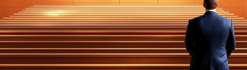 Obraz premium Man standing at the base of stairs corporate office photography modern environment low angle ambition and progress