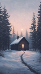 Naklejka premium Winter Cabin in the Woods at Dusk - Phone Wallpaper
