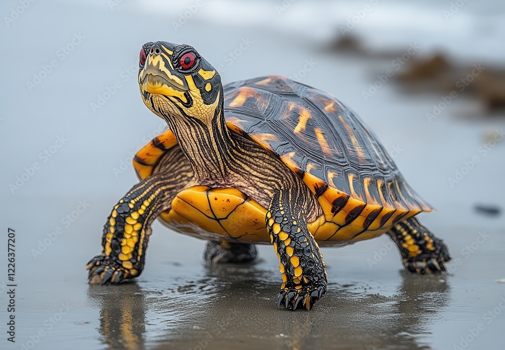 Poster realistic turtle resting on wet sandy beach with ocean waves and rocks in background, showcasing viv