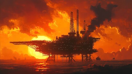 Obraz premium Wide view of an oil platform against a fiery sunset, strong industrial aesthetic