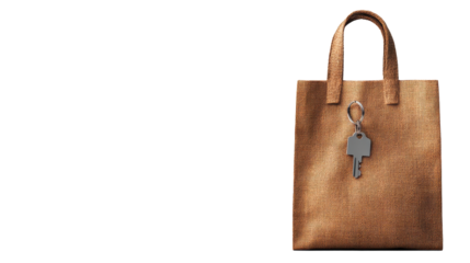 New Home Key: A single house key with a key chain dangles from a light brown paper tote bag, symbolizing new beginnings and the excitement of homeownership. 