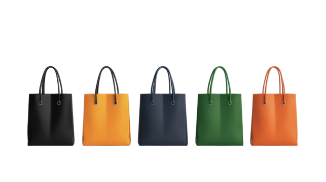 Stylish tote bags in vibrant colors displayed. transparent background
