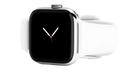 Stylish white smartwatch with modern design displaying time on black screen. transparent background