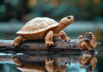 Fototapeta premium Realistic Wooden Turtle Figurine on Log by Calm Water with Soft Reflections and Lush Natural Background, Evoking Tranquility and Nature's Beauty