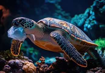 Fototapeta premium Sea Turtle Captured in Vibrant Underwater Scene with Plastic Waste, Highlighting Environmental Issues and Ocean Pollution Awareness