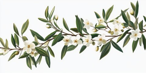 Delicate White Flowers with Green Leaves on a Branch, Botanical Illustration Ideal for Nature and Floral Designs