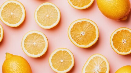 Fototapeta premium Flat lay of lemon halves and whole lemons on pink background.