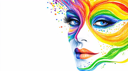 vibrant colorful woman with rainbow makeup and abstract strokes