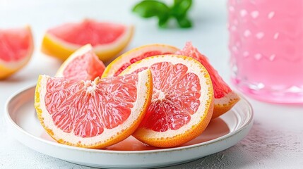 Juicy grapefruit slices on plate, refreshing drink, white background, healthy food photography for recipe blogs
