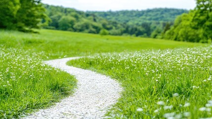 Obraz premium Winding path through grassy field, green hills in background, nature scene, idyllic landscape for travel brochures