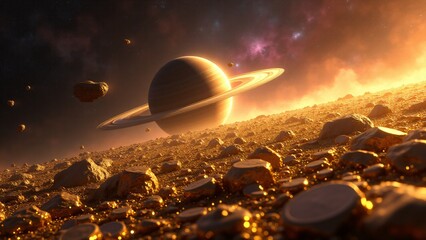 A golden asteroid belt of rotating coins orbits a distant star, glimmering with dazzling reflections, set against a galaxy of pastel hues and a silvery-ringed planet.