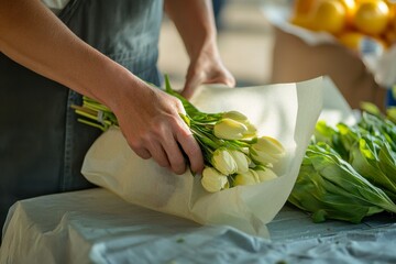Arranging White Tulips in Eco-Friendly Wrapper at Market Stall