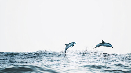 Naklejka premium two dolphins leaping through the air above blue ocean waves under a clear white sky