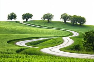 Naklejka premium Rural road winding through lush green fields and trees on a bright day