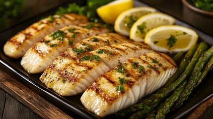 Grilled Fish Fillets Served on Platter with Fresh Lemon Wedges and Garnish on Rustic Wooden Table