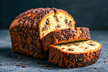A close-up of a freshly baked chocolate chip loaf cake, beautifully sliced to reveal its soft, moist texture. 