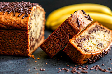 A close-up of a freshly baked chocolate chip loaf cake, beautifully sliced to reveal its soft, moist texture. 