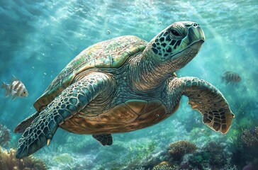 Fototapeta premium Serene Sea Turtle Swimming Gracefully Through Vibrant Coral Reef in Clear Blue Ocean Waters with Colorful Fish and Lush Marine Life Surrounding It