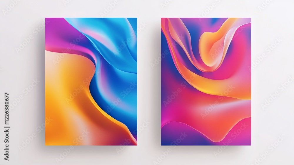 Poster two vibrant abstract backgrounds with flowing gradient colors on a white background