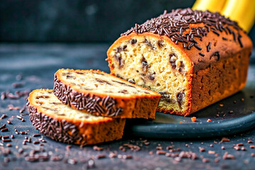 A close-up of a freshly baked chocolate chip loaf cake, beautifully sliced to reveal its soft, moist texture. 