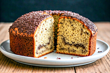 A close-up of a freshly baked chocolate chip loaf cake, beautifully sliced to reveal its soft, moist texture. 