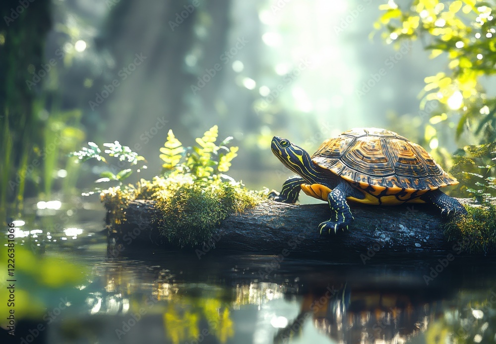 Poster serene turtle resting on a log by tranquil water in a lush green forest with soft sunlight filtering