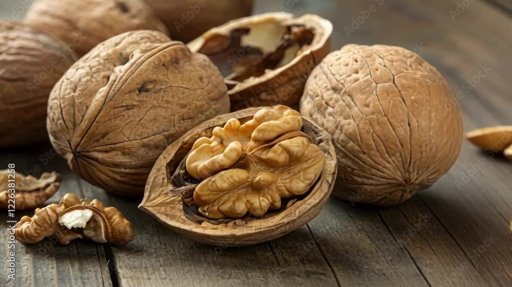 Poster a of whole walnuts their textured shells partially cracked open revealing the beautiful intricate pa