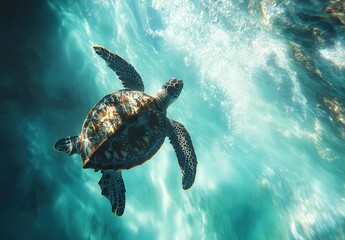 Fototapeta premium Serene Underwater Scene Featuring a Majestic Sea Turtle Gliding Gracefully Through Crystal Clear Ocean Waters with Sunlight Filtering Through Waves