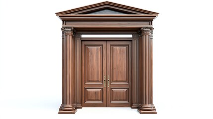 Elegant wooden double door with columns and a classical pediment, set against a clean white background, showcasing intricate details and craftsmanship.