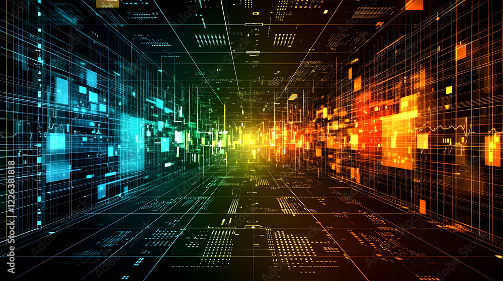 Poster digital data flow, network tunnel, tech background