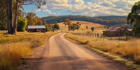 Fototapeta premium Serene Dirt Road Meandering Through Rural Farming Landscape Under Clear Blue Sky with Fluffy Clouds
