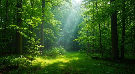 Naklejka premium Sunlit Forest Path Green Nature Photography Landscape