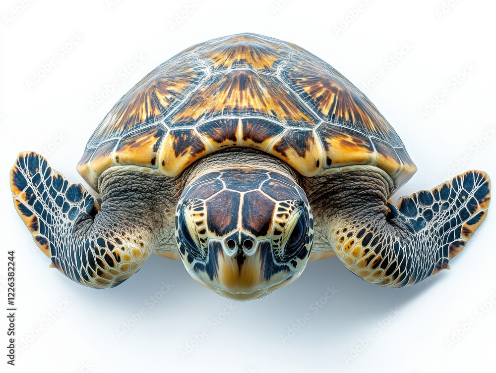 Poster stunning close-up of a colorful sea turtle with intricate shell patterns swimming against a clean wh
