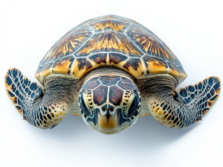 Fototapeta premium Stunning Close-Up of a Colorful Sea Turtle with Intricate Shell Patterns Swimming Against a Clean White Background in Bright Natural Lighting