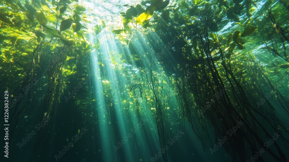 Poster sunlight filters through the water illuminating the underwater plants and creating an ethereal scene