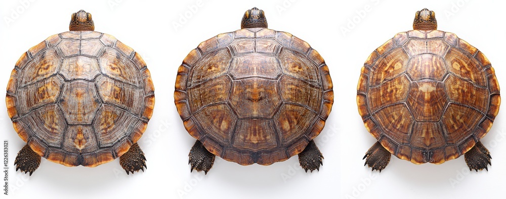 Poster three turtles overhead perspective with natural shell patterns on white background for nature and wi