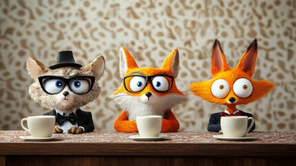 Fototapeta premium Three animated fox characters wearing glasses, sitting at table with coffee cups, showcasing playful and whimsical atmosphere