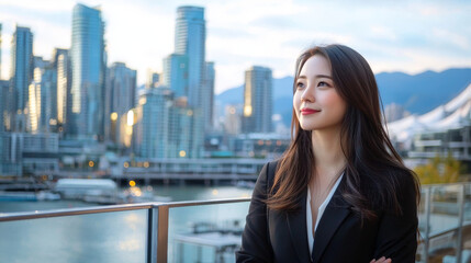 young woman in stylish black suit gazes thoughtfully at city skyline, showcasing modern architecture and serene waterfront